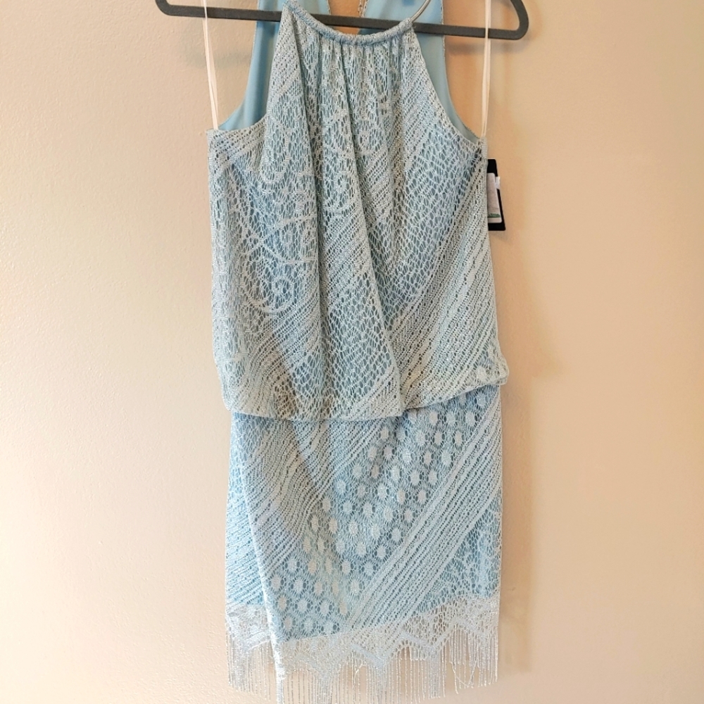 SLNY teal/silver fringe dress, Size 8